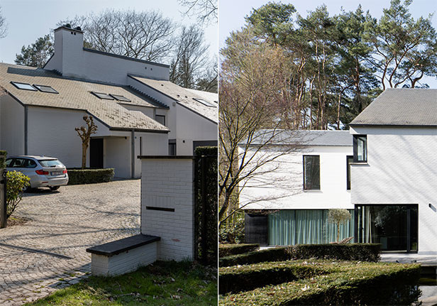 Villa K — renovatie met nieuwe aanbouw, foto van het gerealiseerde project met gevel en tuin